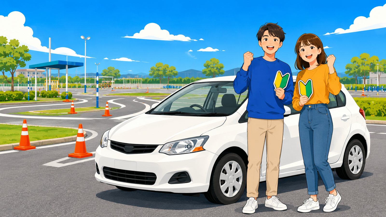 教習所で免許を取得した若者たちのイラスト